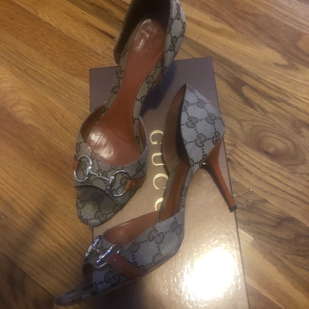 Gucci Horsebit GG Peep Toe Heels